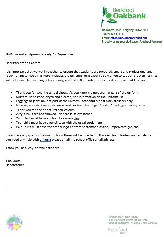 Beckfoot Oakbank School - Uniform Letter From Miss Smith 29 June 2021